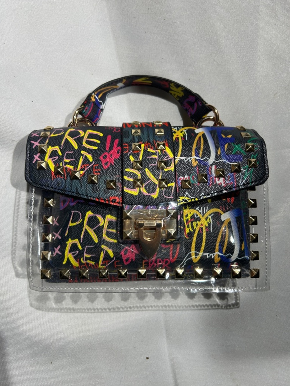 NWOT Clear and Graffiti Crossbody Bag with Studs